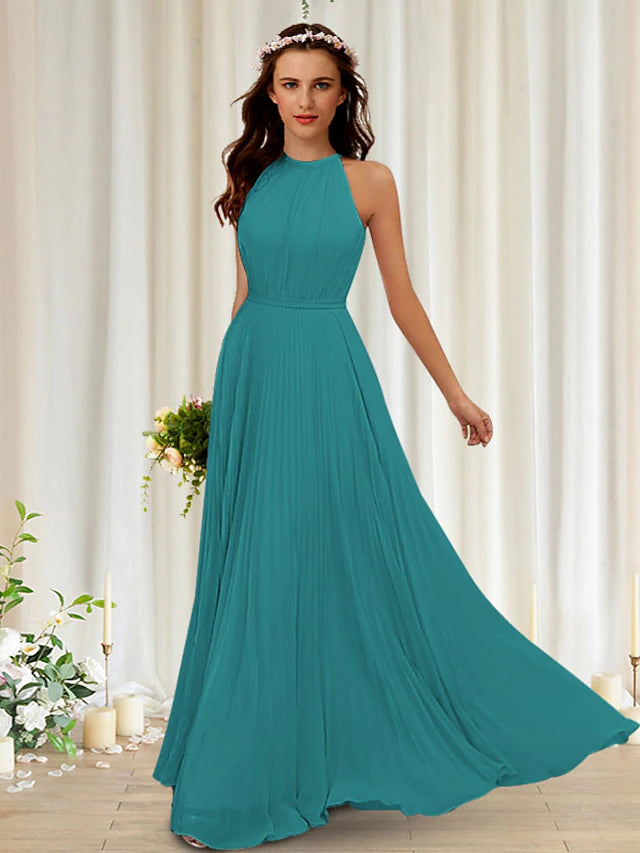 Luolandi A-Line Bridesmaid Dress Halter Neck Sleeveless Elegant Floor Length Chiffon / Lace